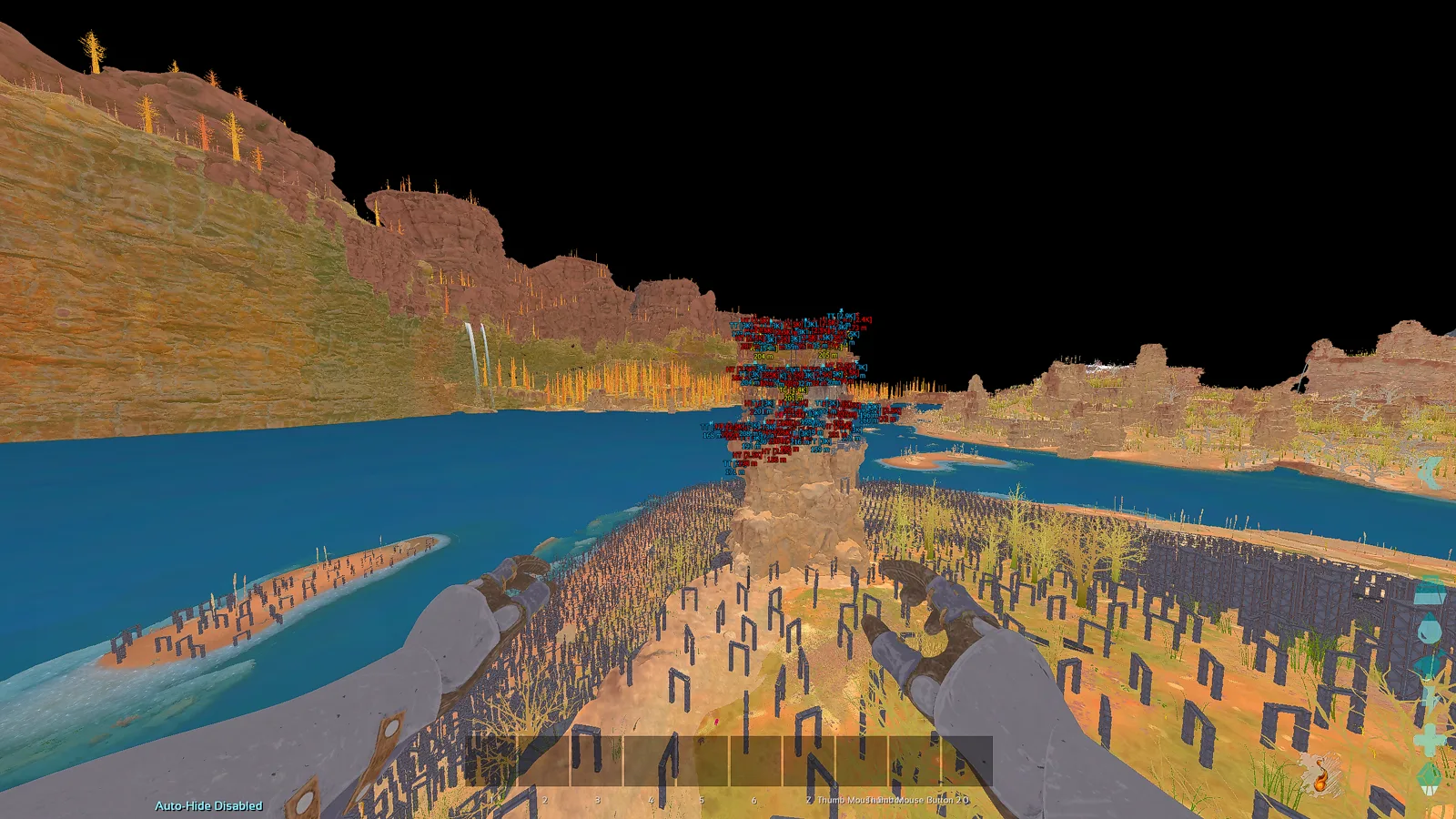 The same view with Cursed visuals: clearer terrain and structure ESP